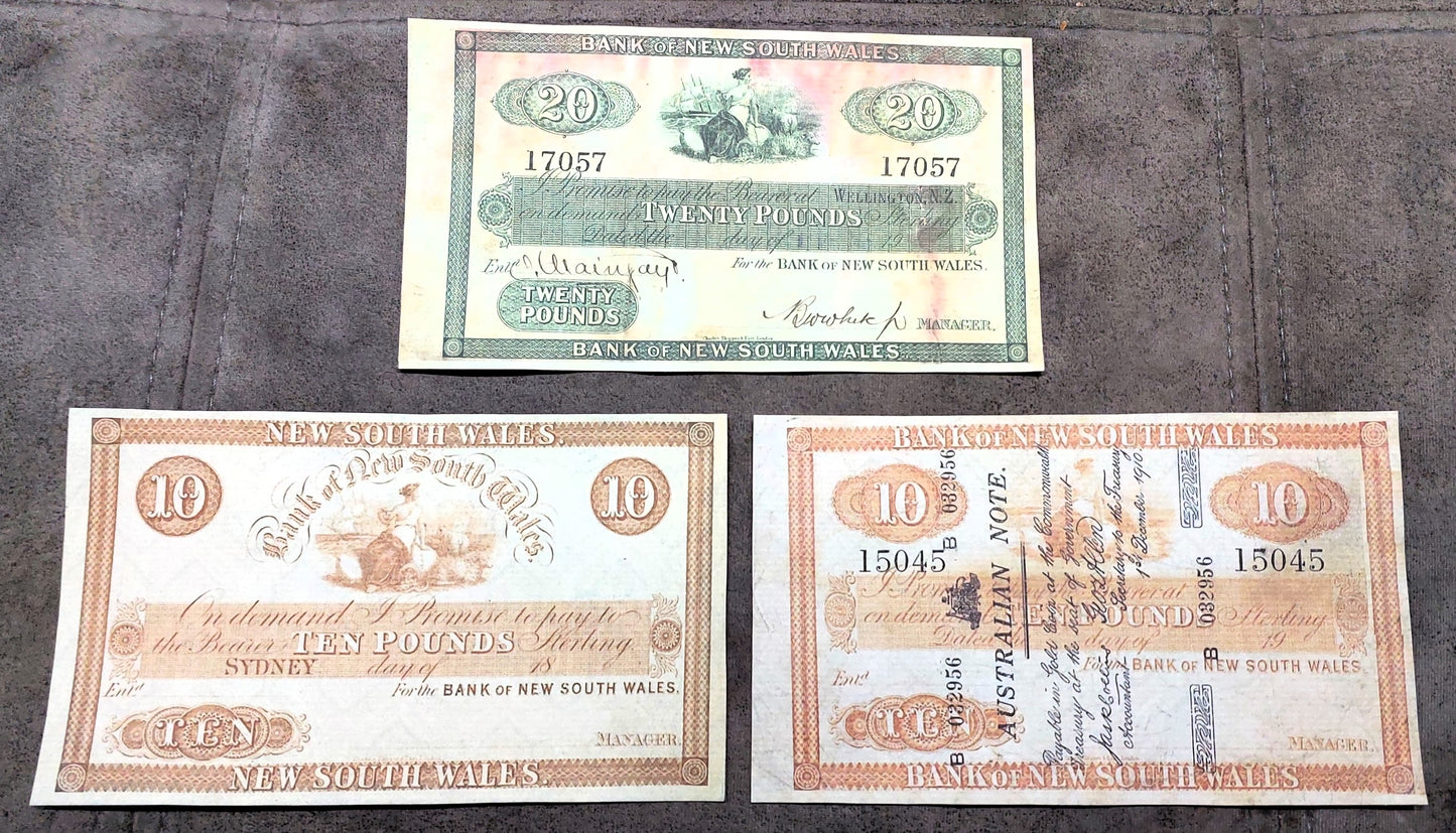 Bank of New South Wales 10, 20 Pound & Commercial Bank Company of Sydney 1 Pound Specimen Notes