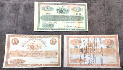 Bank of New South Wales 10, 20 Pound & Commercial Bank Company of Sydney 1 Pound Specimen Notes