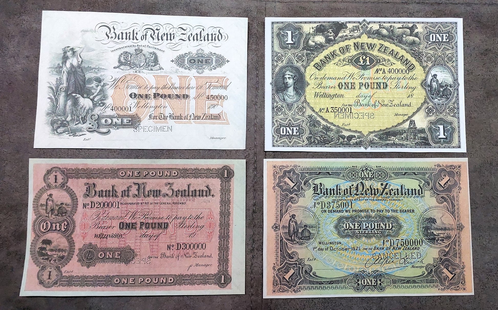 Bank of New Zealand 1 Pound 1890, 1893, 1901 and 1903 Specimen Notes
