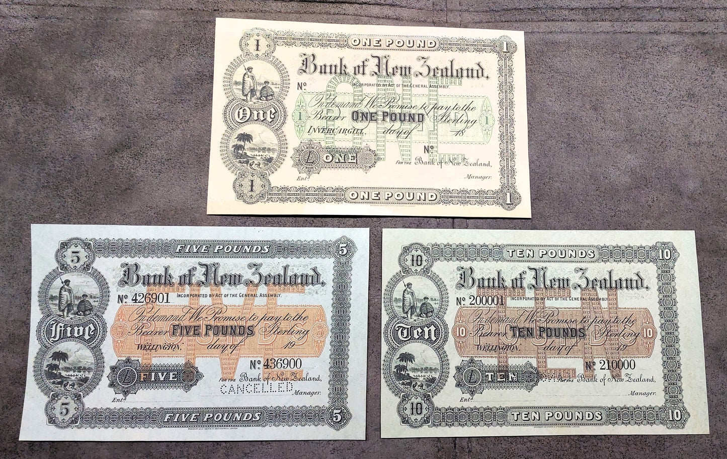 Bank of New Zealand 1 Pound 1921, 5 Pound 1902 and 10 Pound 1902 Specimen Notes