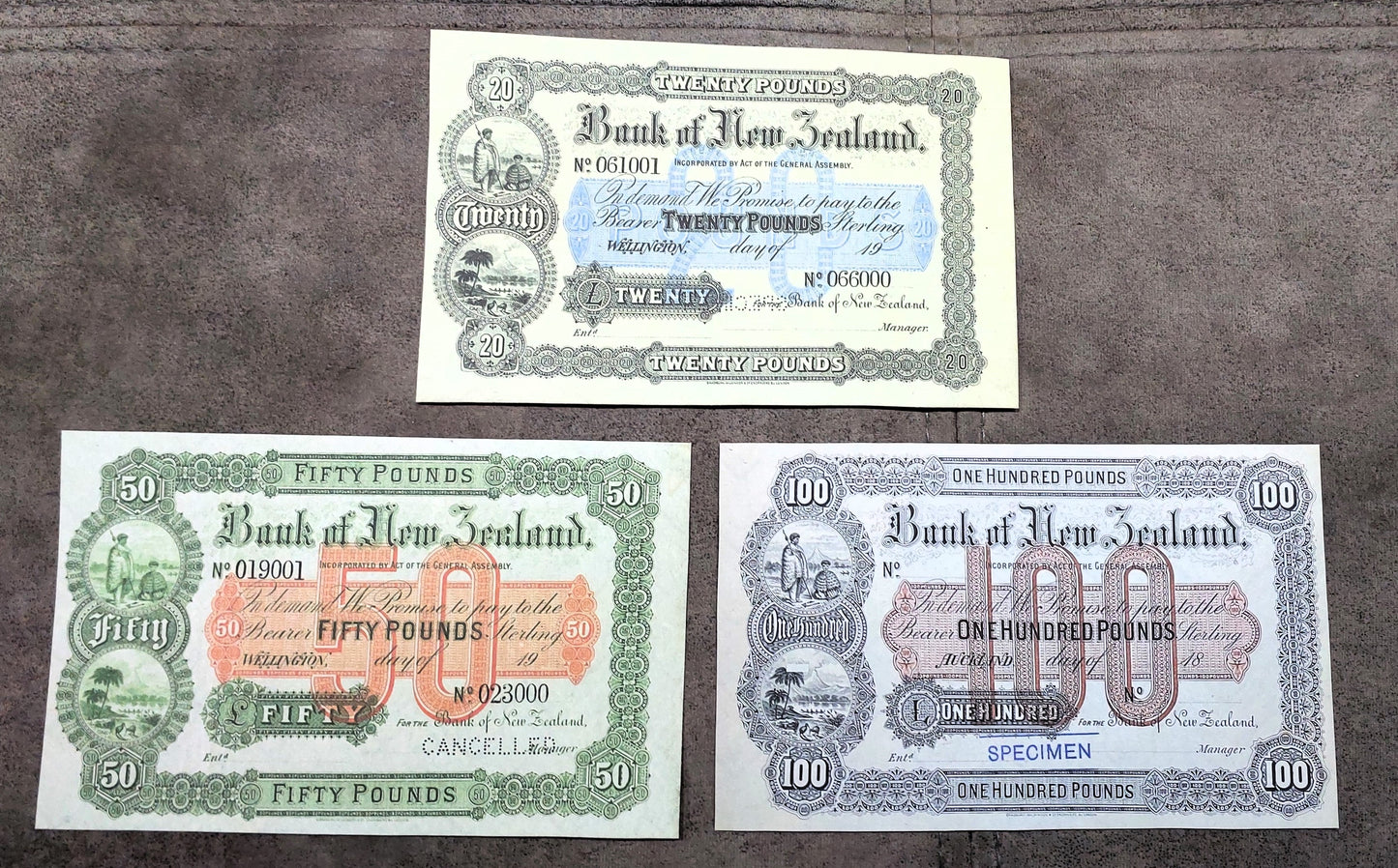 Bank of New Zealand High Denomination 20 Pound 1920 and 50 Pound 1921 Specimen Notes