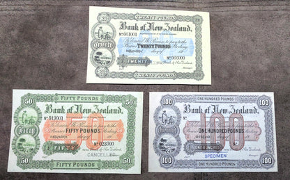 Bank of New Zealand High Denomination 20 Pound 1920 and 50 Pound 1921 Specimen Notes