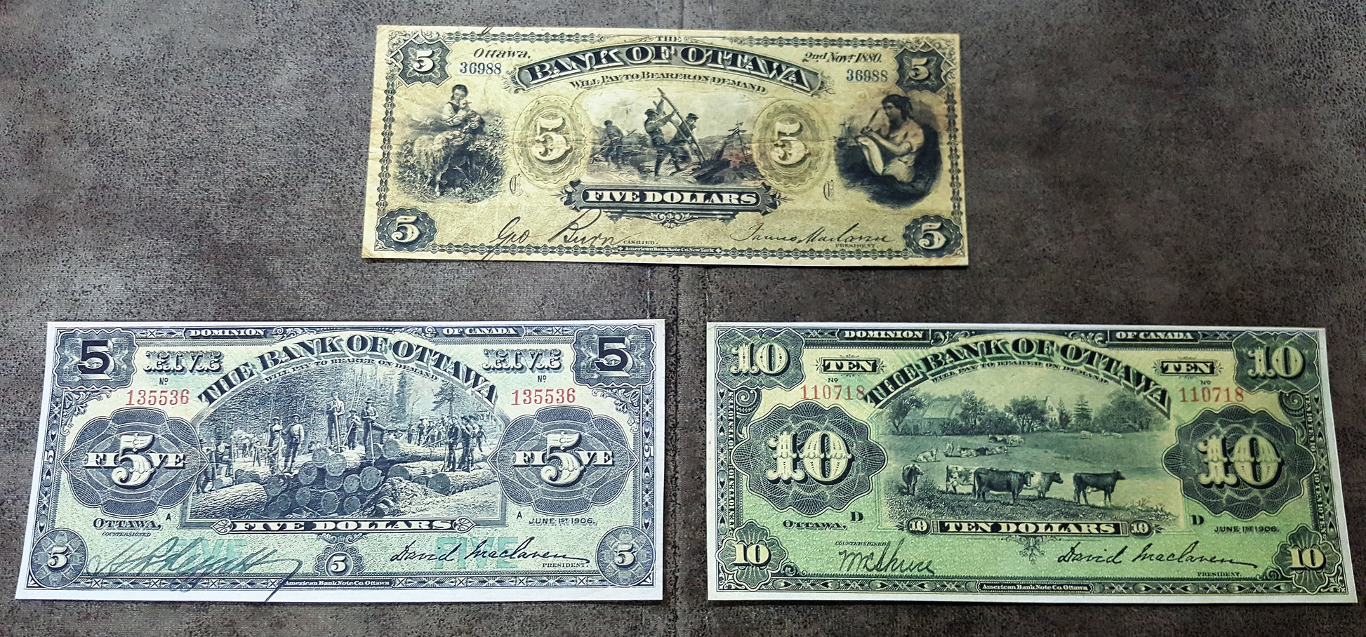 Bank of Ottawa 5 and 10 Dollar 1880, 1906 and 1913 Series Specimen Notes