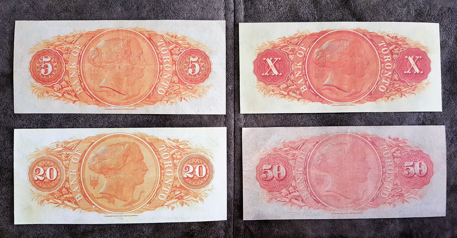 Bank of Toronto 5, 10 , 20 and 50 Dollar 1917 Archival Specimen Notes Back