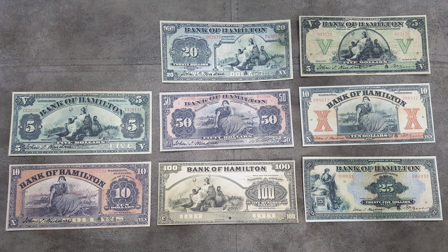 High-resolution archival facsimile of Canada 1914-1922 Bank of Hamilton chartered currency showing detailed intaglio-style engraving patterns and counterfeit-prevention watermark.