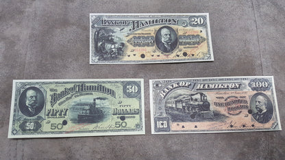 Canada Bank of Hamilton 1892 Series 20, 50 and 100 Dollar High Denomination Specimen Notes