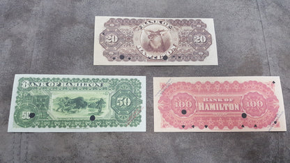 Canada Bank of Hamilton 20, 50 and 100 Dollar 1892 Specimen Notes Reverse Side