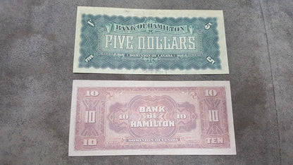 Canada Bank of Hamilton 5, 10 and 20 Dollar 1914 Currency Notes Back Side