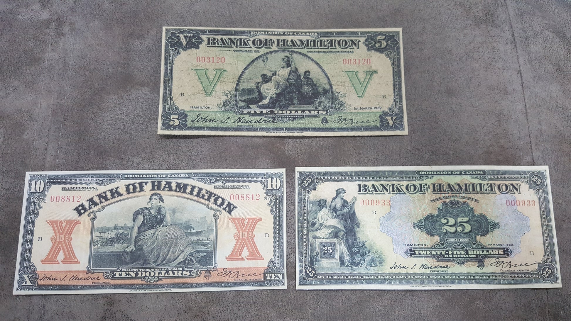 Canada Bank of Hamilton 5 Dollar 1922, 10 Dollar 1922 and 25 Dollar 1922 Notes