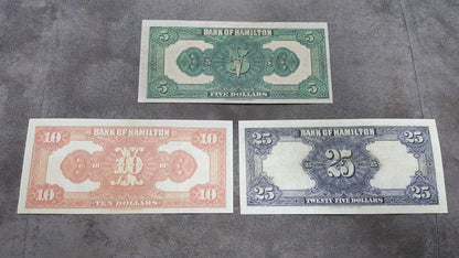 Canada Bank of Hamilton 5, 10 and 25 Dollar 1922 Historical Notes Reverse Side