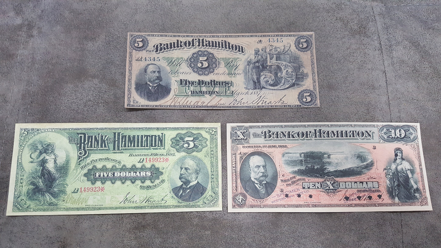 Canada Bank of Hamilton 5 Dollar 1887, 5 Dollar 1892 and 10 Dollar 1892 Specimen Notes