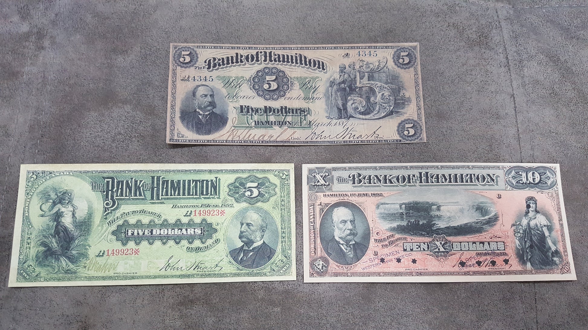 Canada Bank of Hamilton 5 Dollar 1887, 5 Dollar 1892 and 10 Dollar 1892 Specimen Notes
