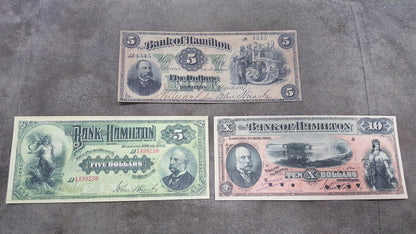 Canada Bank of Hamilton 5 Dollar 1887, 5 Dollar 1892 and 10 Dollar 1892 Specimen Notes