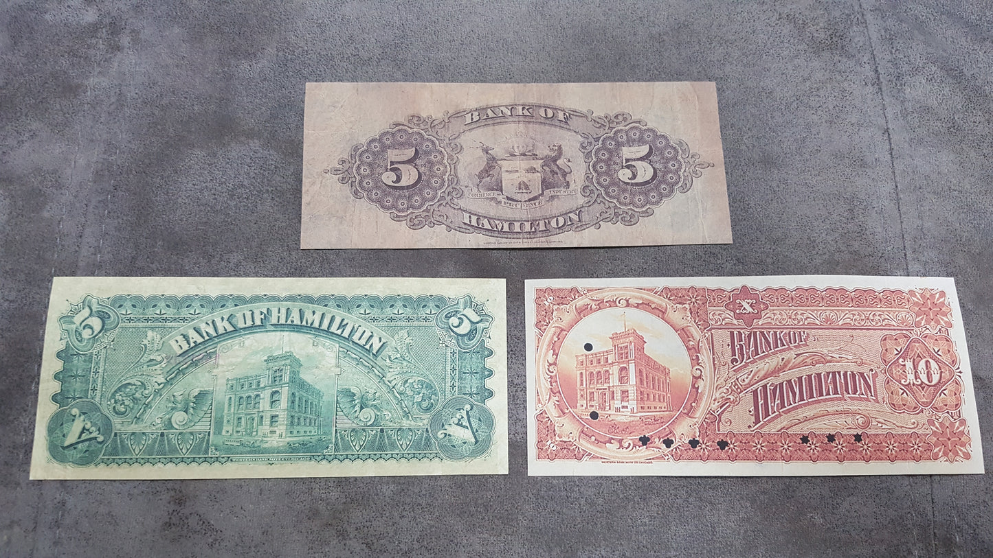 Canada Bank of Hamilton 5 and 10 Dollar 1887 and 1892 Notes Back Side
