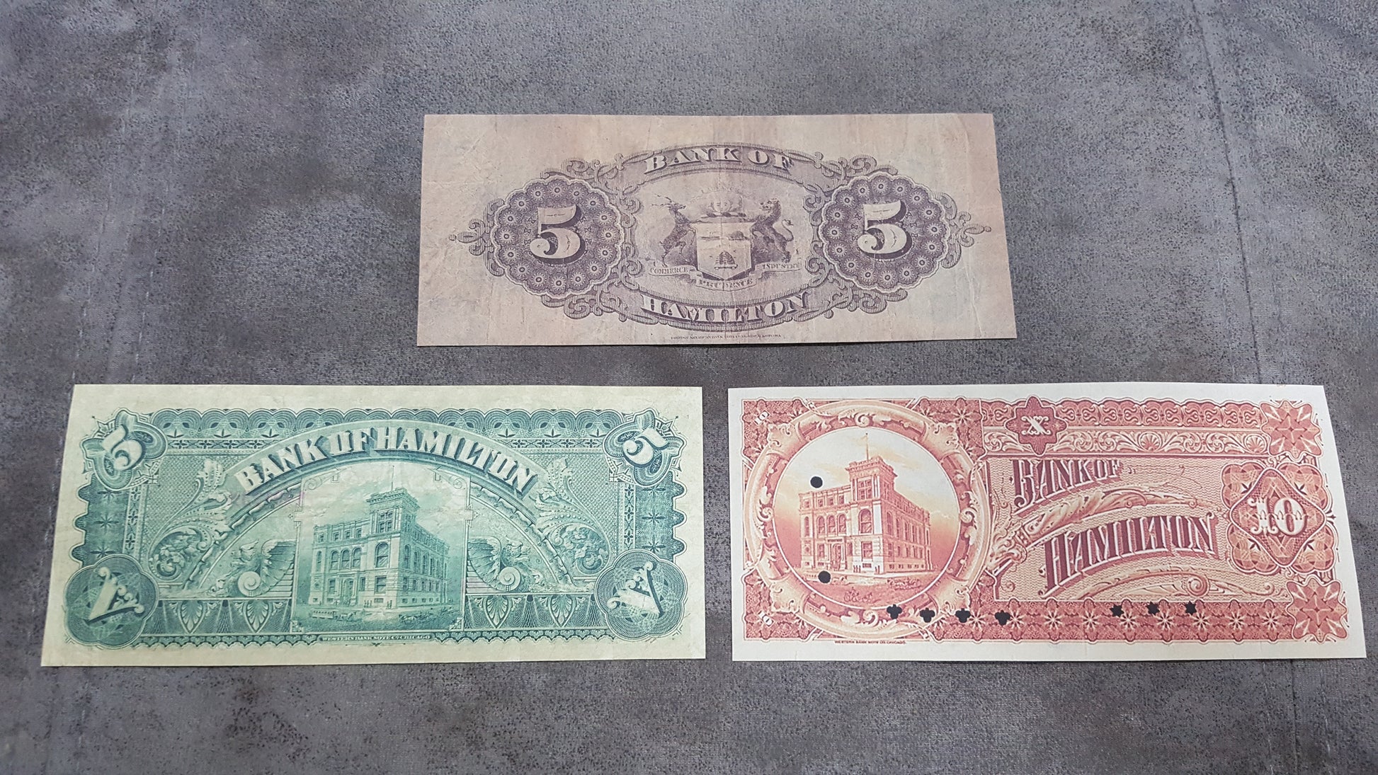 Canada Bank of Hamilton 5 and 10 Dollar 1887 and 1892 Notes Back Side