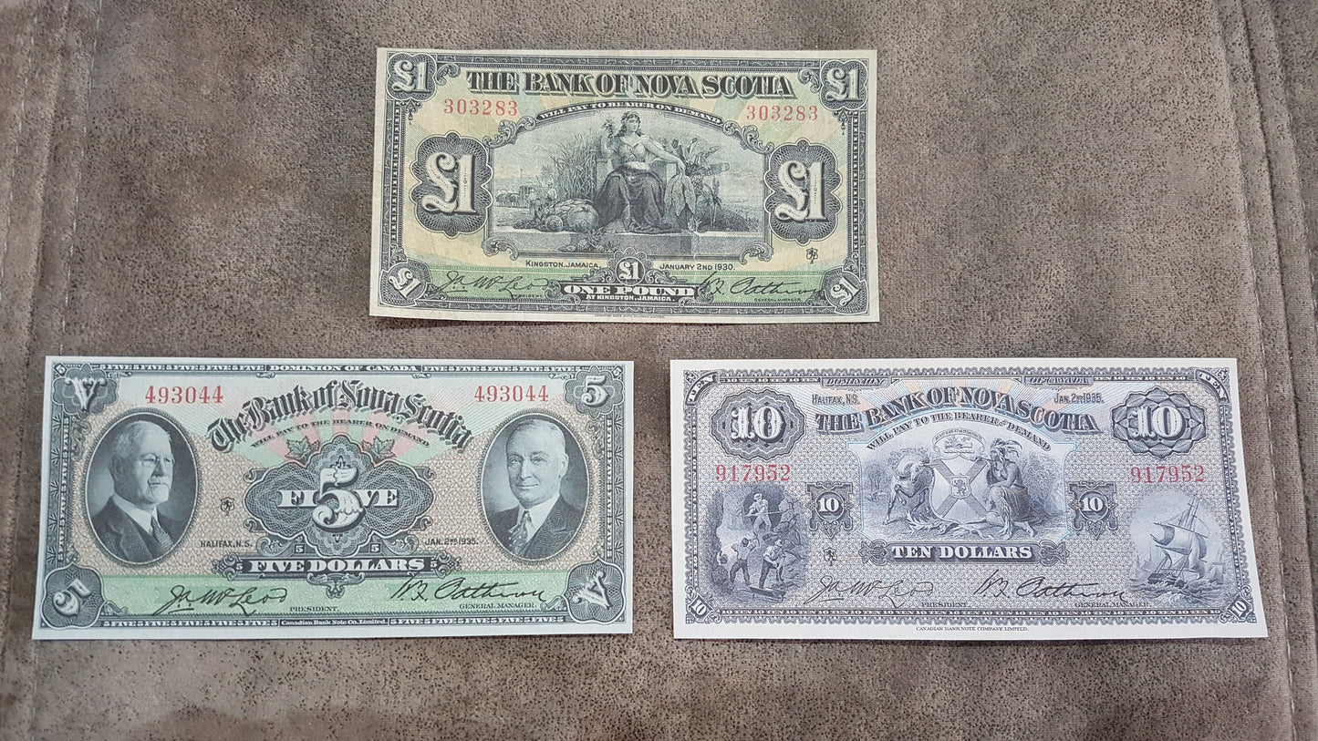 Canada Bank of Nova Scotia 1 Dollar 1925 1929, 5 Dollar 1920, 10 Dollar 1929 Notes