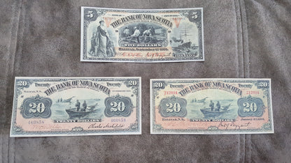 Canada Bank of Nova Scotia 1 Pound 1919 Specimen, 5 Pound 1920, 20 Dollar 1897 Specimen