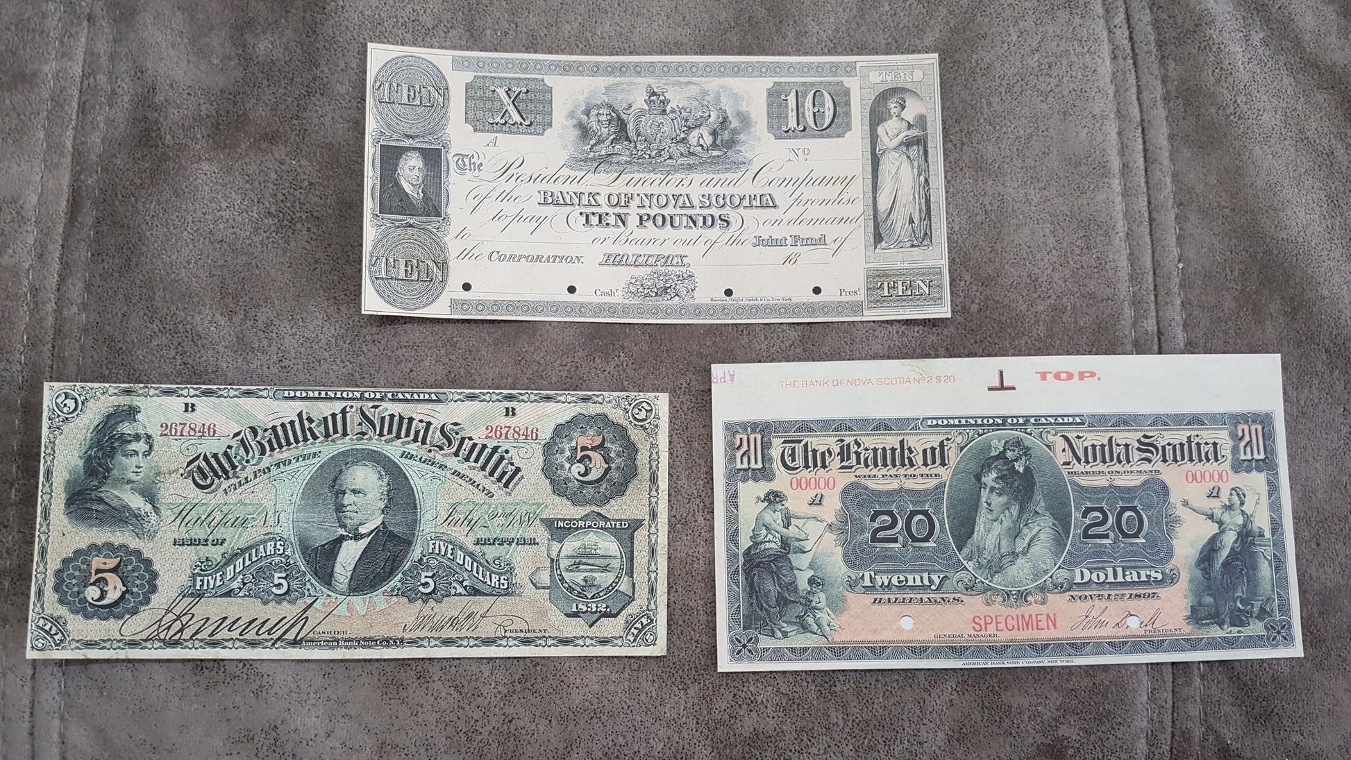 Canada Bank of Nova Scotia 10 Pound 1852, 5 Dollar 1881 and 5 Dollar 1908 Notes