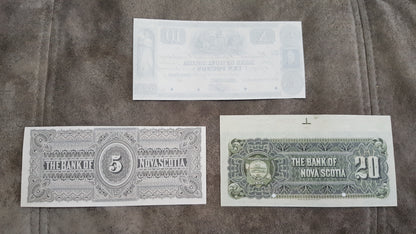 Canada Bank of Nova Scotia 10 Pound 1852, 5 Dollar 1881 1908 Notes Reverse