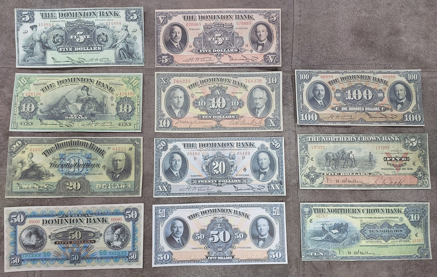 Canada Dominion 1925-1931 and Northern Crown Bank 1908 banknote facsimiles.