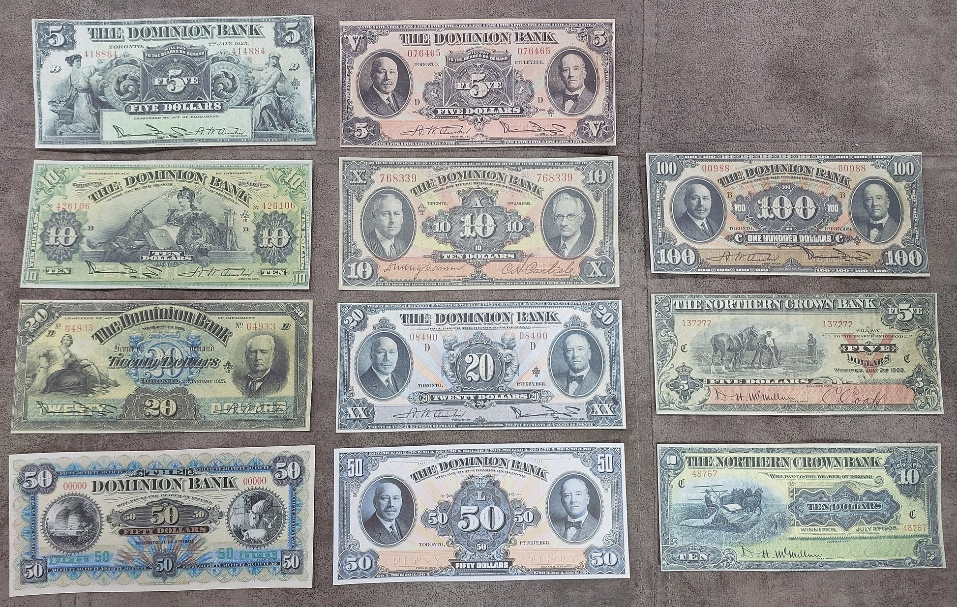 Canada Dominion 1925-1931 and Northern Crown Bank 1908 banknote facsimiles.