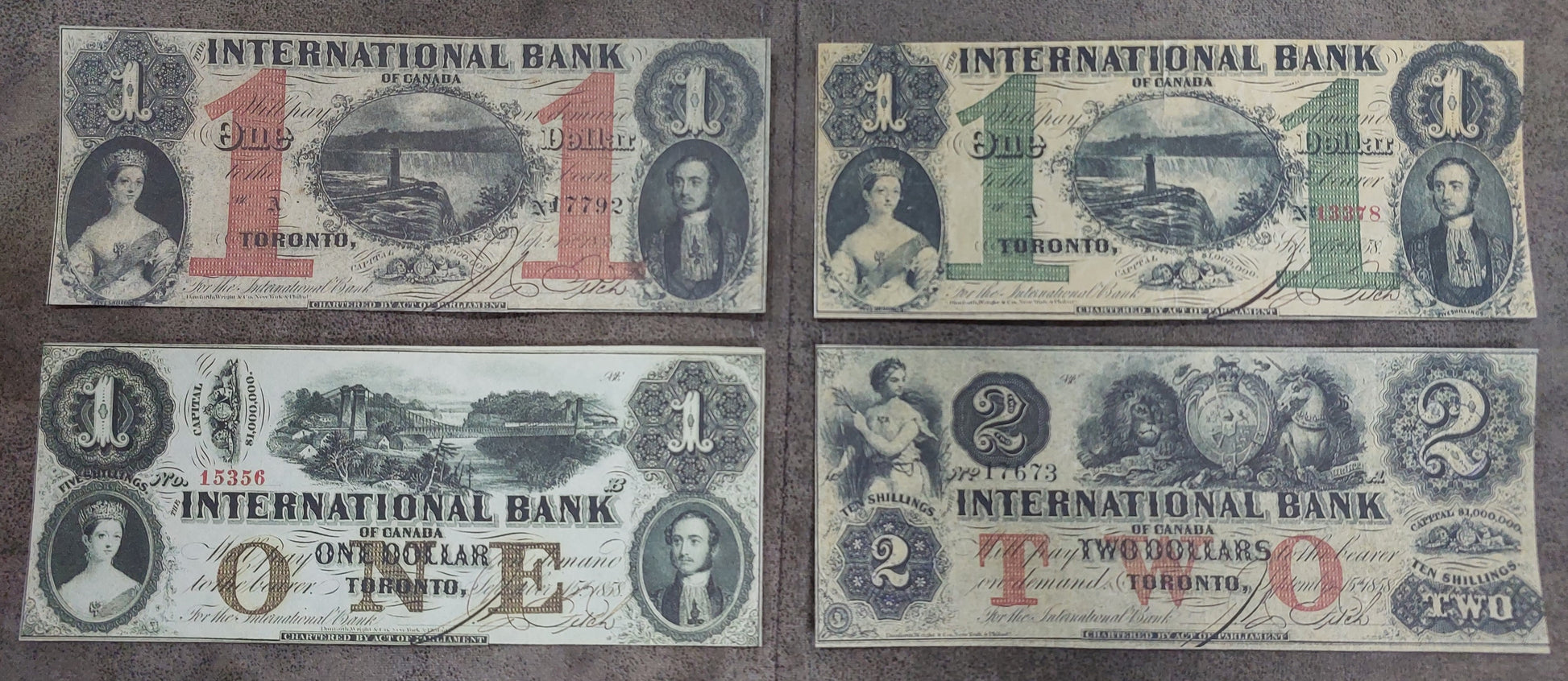 Canada International Bank 1 Dollar 1858 Notes with Red and Green Serial Numbers