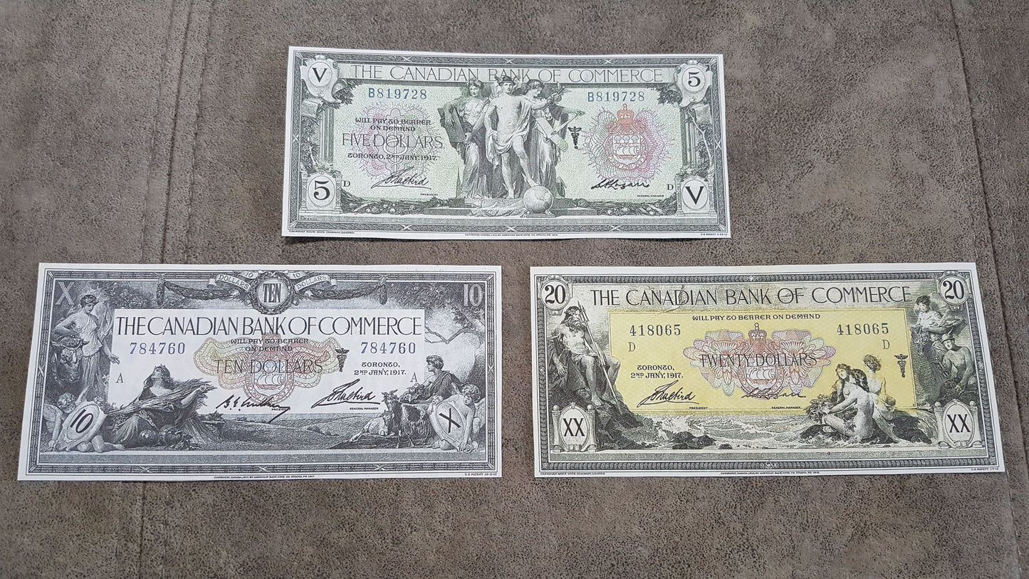 Canadian Bank of Commerce 5, 10 and 20 Dollar 1917 Series Numismatic Banknotes