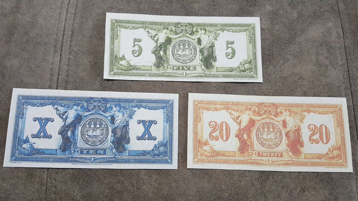Canadian Bank of Commerce 5, 10 and 20 Dollar 1917 Notes Back Side