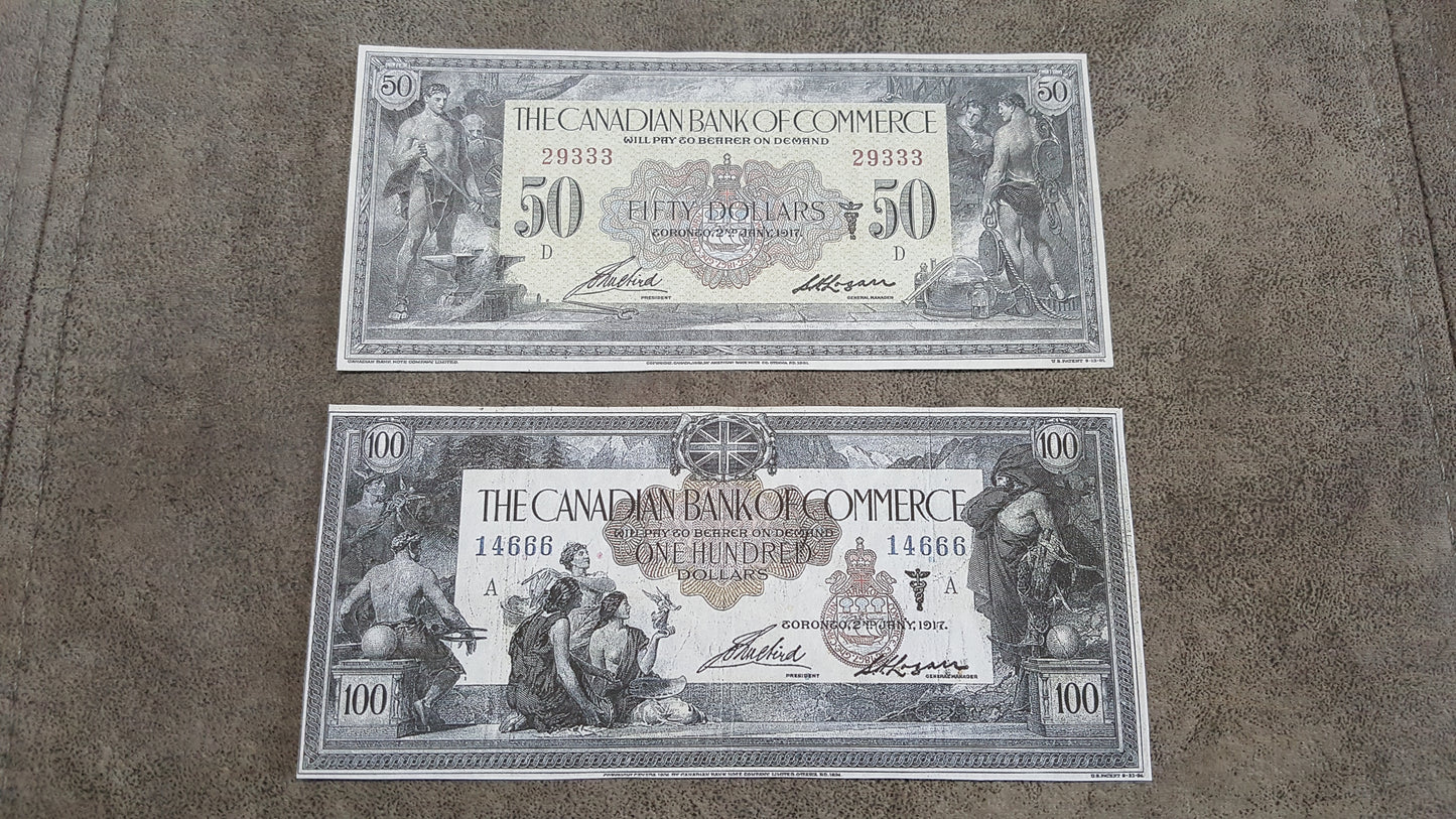 Canadian Bank of Commerce 50 and 100 Dollar 1917 High Denomination Specimen Notes