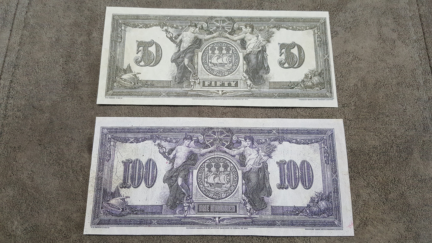 Canadian Bank of Commerce High Denomination 50 and 100 Dollar 1917 Notes Reverse