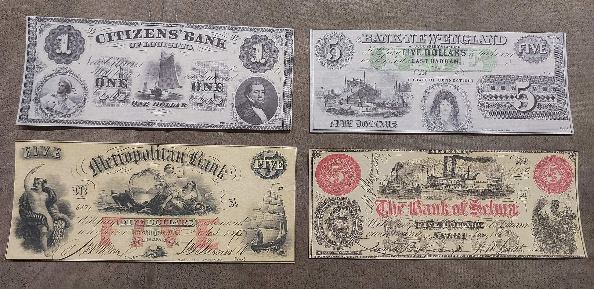 Citizens Bank of Louisiana 1 Dollar & Metropolitan Bank 5 Dollar 1854 obsolete currency front