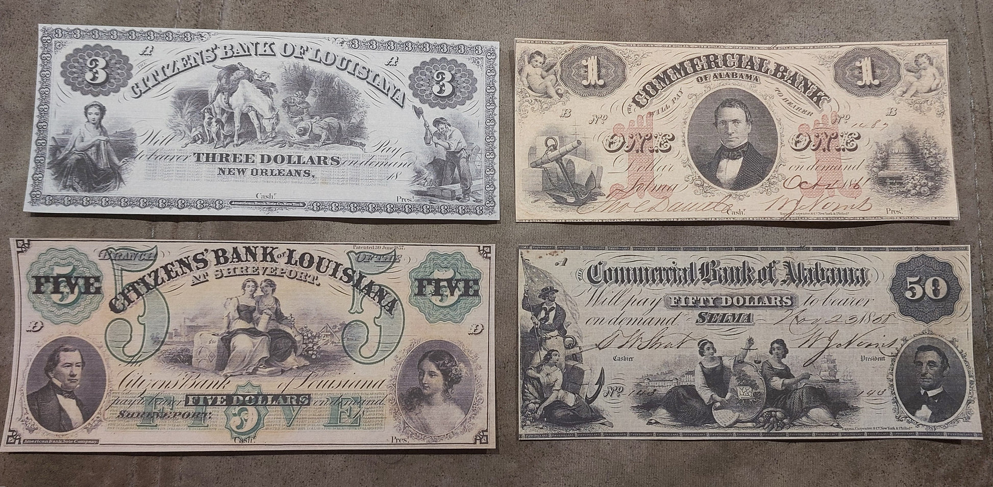 Citizens Bank of Louisiana 3 Dollar & 5 Dollar with Commercial Bank of Alabama 1 Dollar 1861 & 50 Dollar 1858 obsolete notes front
