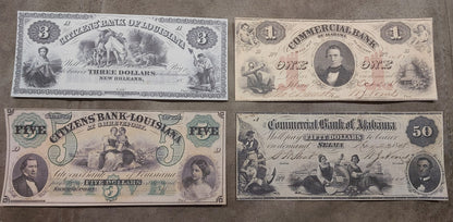Citizens Bank of Louisiana 3 Dollar & 5 Dollar with Commercial Bank of Alabama 1 Dollar 1861 & 50 Dollar 1858 obsolete notes front