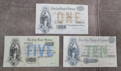 The City Bank of Sydney 1 Pound 1900, 5 Pound 1866 & 10 Pound 1893 Specimen front