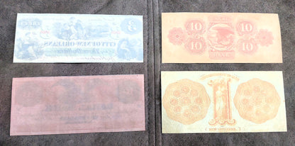 City of New Orleans 3 Dollar & Canal Bank 10 Dollar obsolete notes reverse side