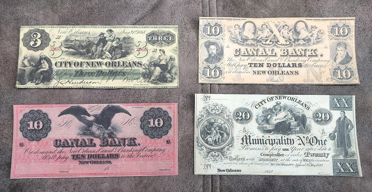City of New Orleans 3 Dollar 1868 & Canal Bank 10 Dollar obsolete currency notes front
