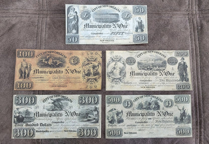City of New Orleans 50 Dollar 1842, 500 Dollar & 100 Dollar 1837 obsolete notes front