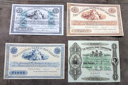 Colonial Bank of New Zealand 1, 20, 50 Pound & Oriental Bank Corporation 1, 5 Pound Notes