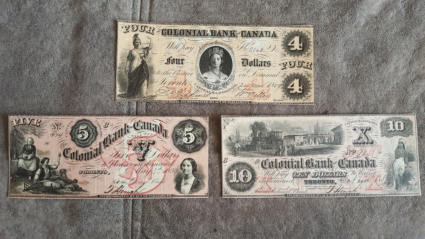 Colonial Bank of Canada 5, 10 and 20 Dollar 1859 Series Numismatic Banknotes
