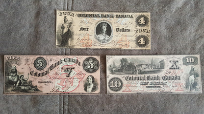 Colonial Bank of Canada 5, 10 and 20 Dollar 1859 Series Numismatic Banknotes