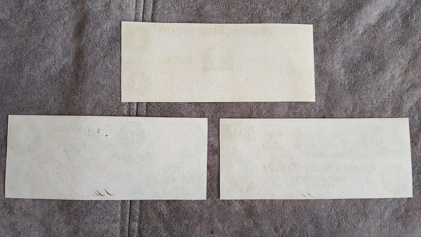 Colonial Bank of Canada 5, 10 and 20 Dollar 1859 Treasury Specimen Notes Reverse