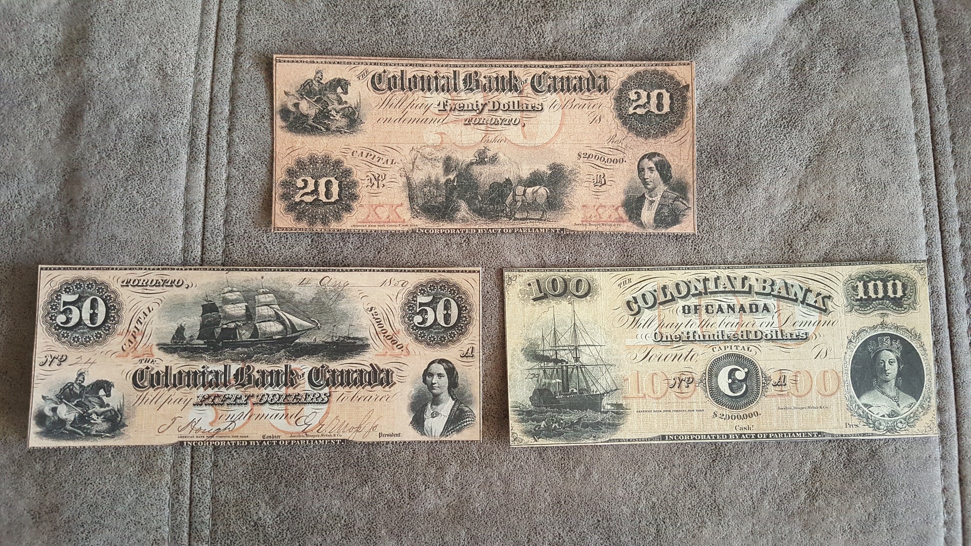 Colonial Bank of Canada 50 and 100 Dollar 1859 High Denomination Specimen Notes