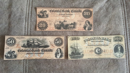 Colonial Bank of Canada 50 and 100 Dollar 1859 High Denomination Specimen Notes