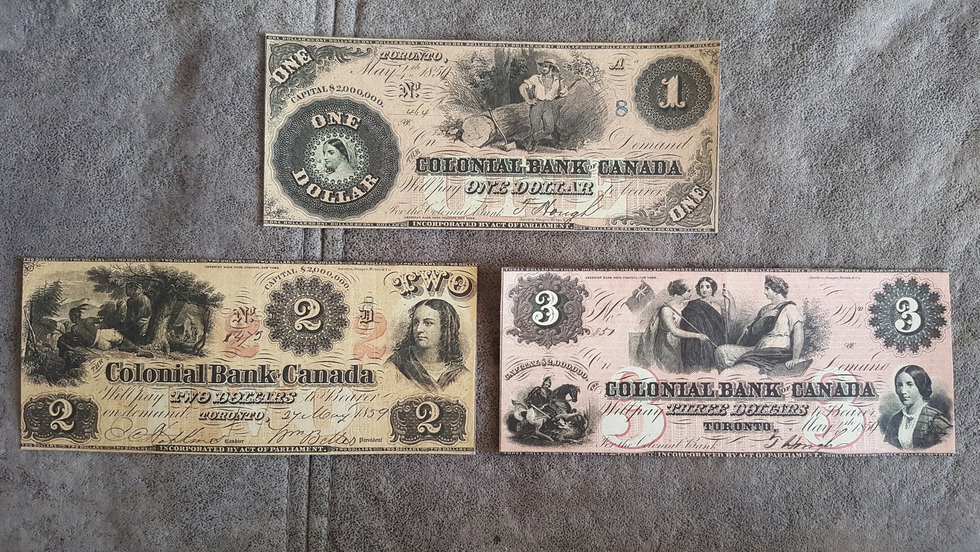 Colonial Bank of Canada Rare 1, 2, 3 and 4 Dollar 1859 Series Specimen Notes