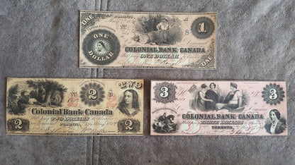 Colonial Bank of Canada Rare 1, 2, 3 and 4 Dollar 1859 Series Specimen Notes
