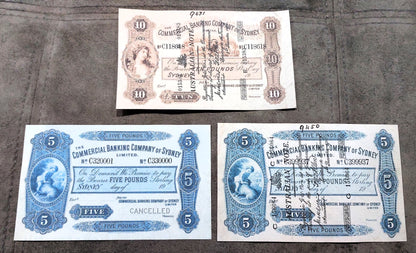 Commercial Banking Company of Sydney 5 Pound 1905, 1910 and 10 Pound 1910 Specimen Notes