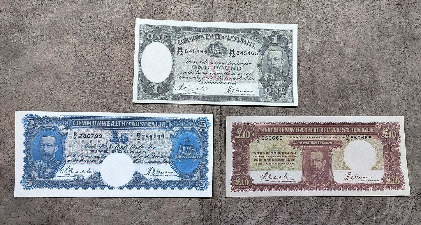 Commonwealth of Australia 1 Pound 1933, 5 Pound 1933 & 10 Pound 1934 Specimen Notes