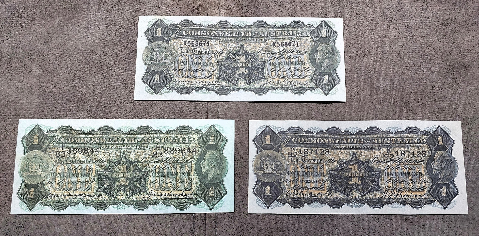 Commonwealth of Australia 1 Pound 1923 Single Letter K, 1927 Kell and 1932 Riddle Notes