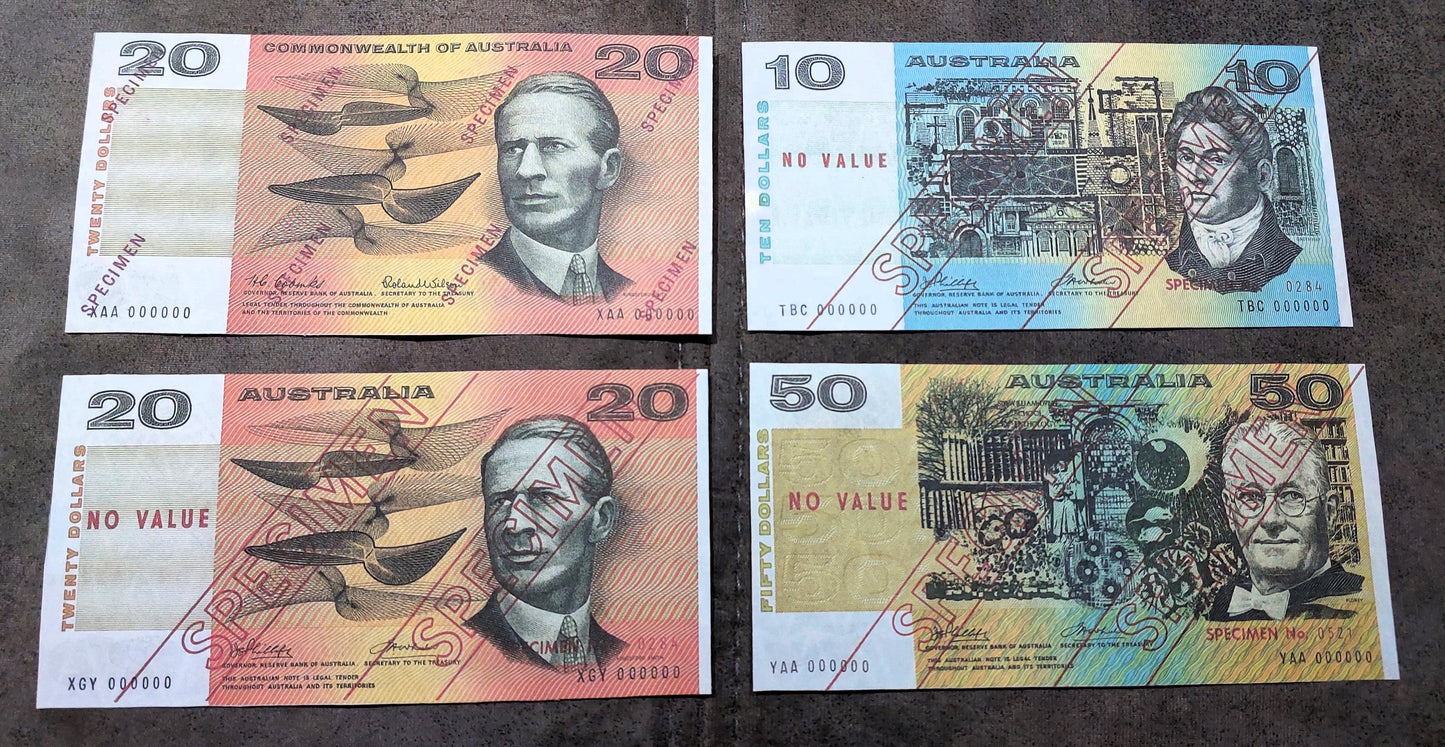 Commonwealth of Australia High Denomination 10, 20 and 50 Dollar 1966-1974 Specimen Notes