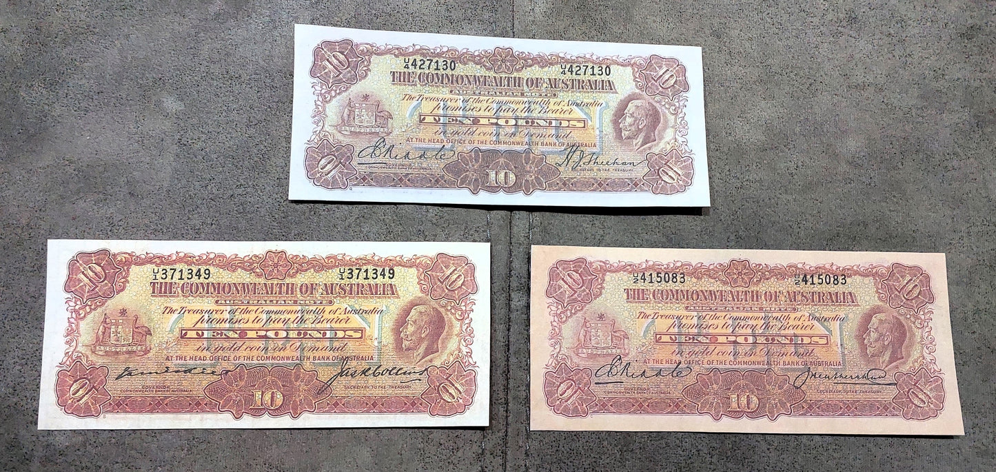 Commonwealth of Australia 10 Pound 1925 Kell-Collins and Kell-Heathershaw Specimen Notes